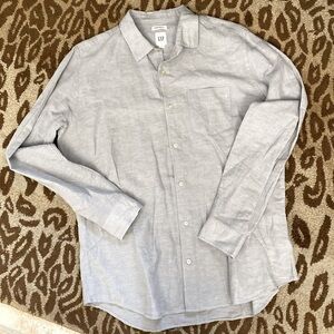 GAP Men’s L Linen blend button down Shirt Grey Beach Academia Preppy Casual